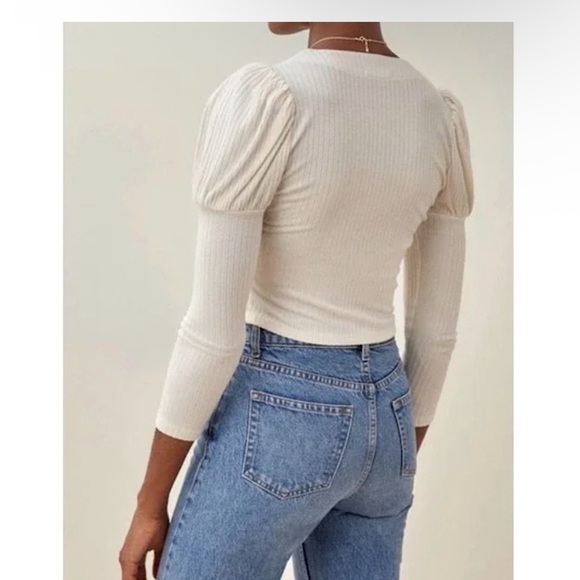 Reformation Einkorn Puff Sleeve Knit Top, Cream, Sz XS - Picture 2 of 6